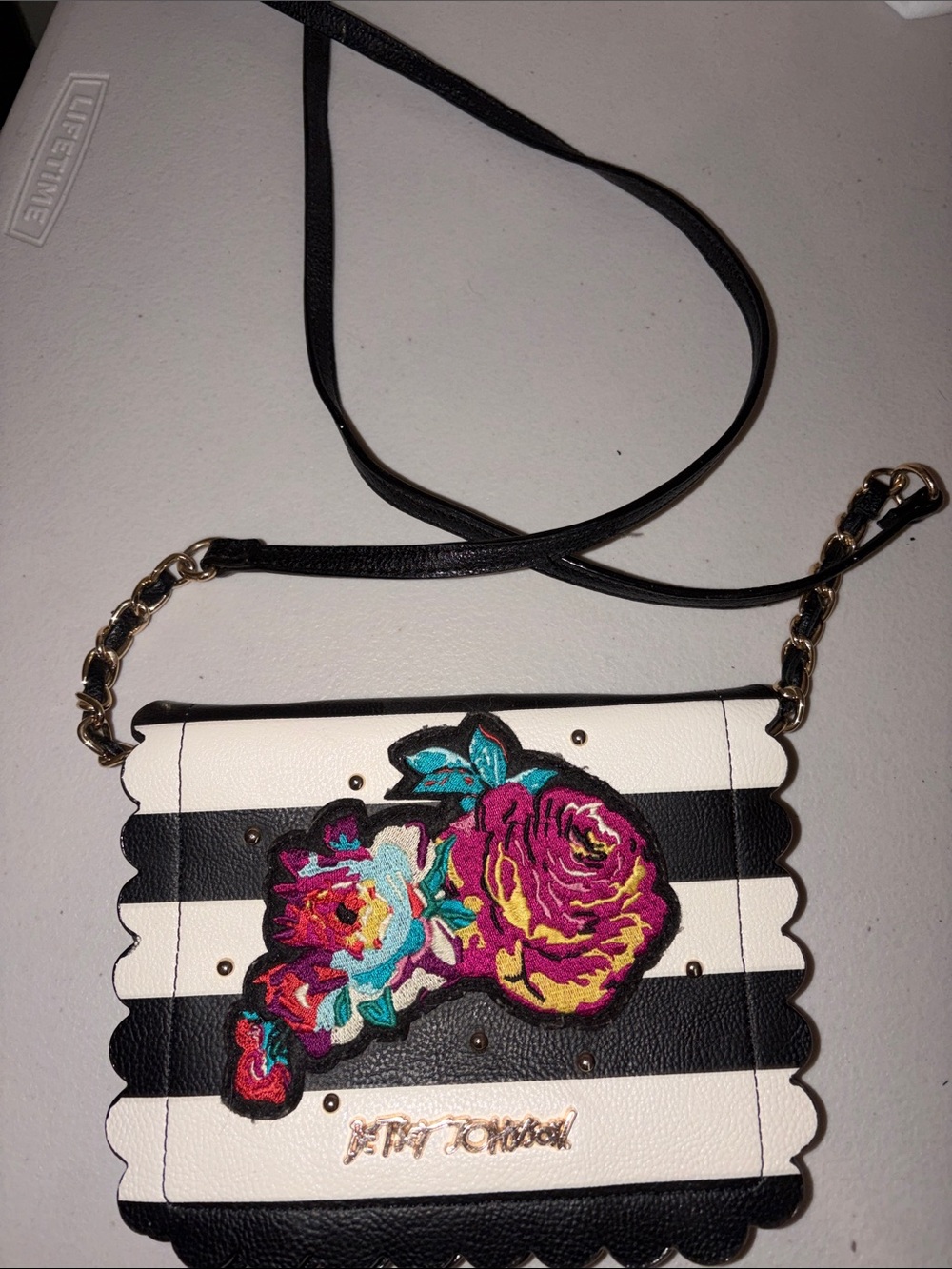 Betsey Johnson Black & White Striped Floral Chain-Accent Crossbody